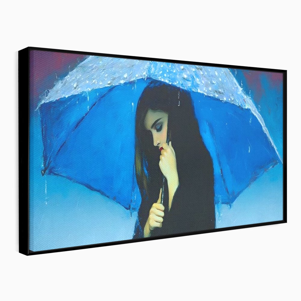 Tablou canvas cu pictura cu femeie sub umbrela albastra, in rama de aluminiu negru